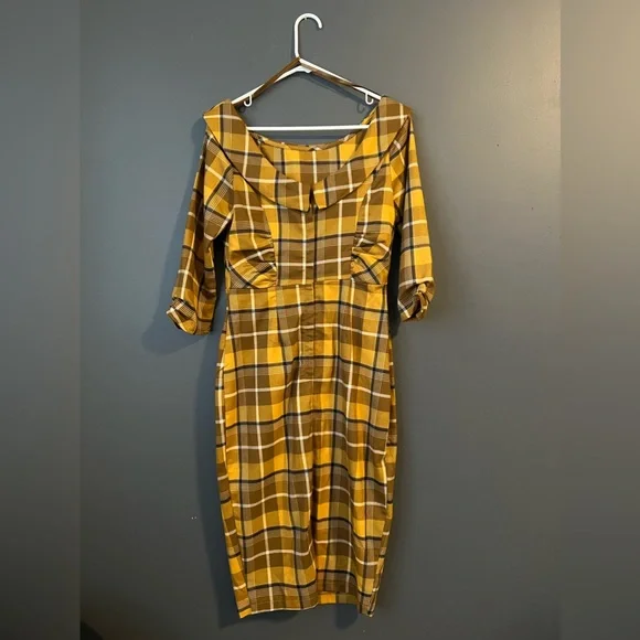 Collectif Cheyenne Moonhill Check 50’s Pencil Dress Mustard Small - Picture 3 of 4